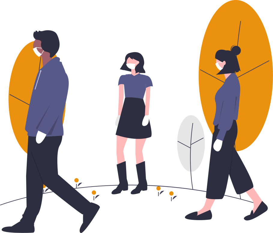 COVID-19 - maconda Illustration Three people wearing face masks walking outdoors with yellow orange shapes in the background