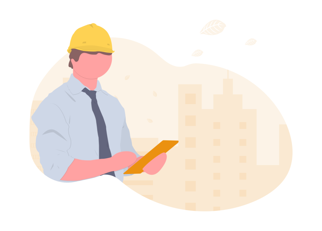Illustration: Construction worker with a yellow helmet holding an orange clipboard in front of a beige city skyline.