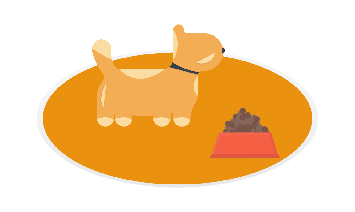 Illustration: dog next to a bowl of dry food, representing pet food