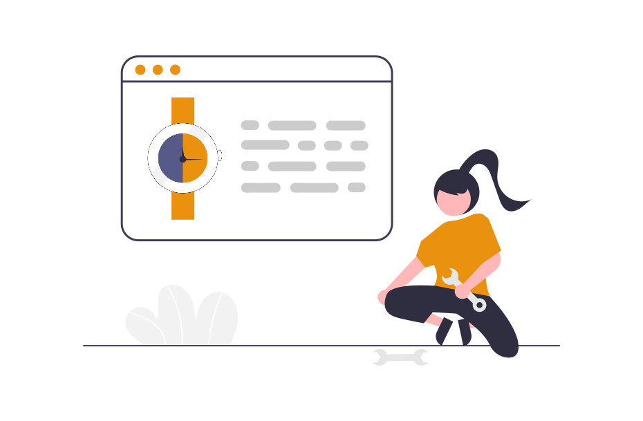 Illustration Female technician kneeling with wrench next to a large browser window with dial gauge and lines of code