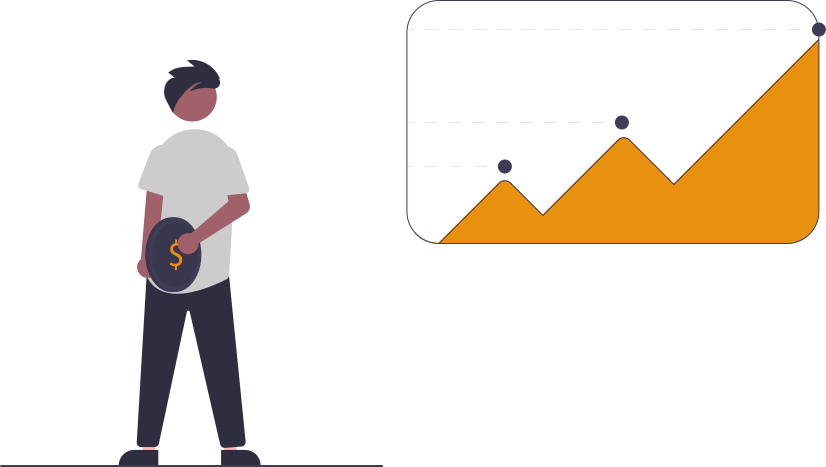 Illustration: person holding a coin next to a rising chart