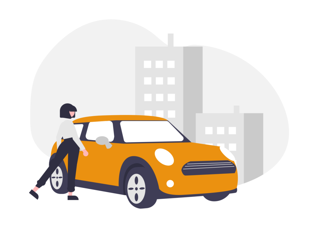 Illustration: Person walking next to a bright orange car in a city scene.