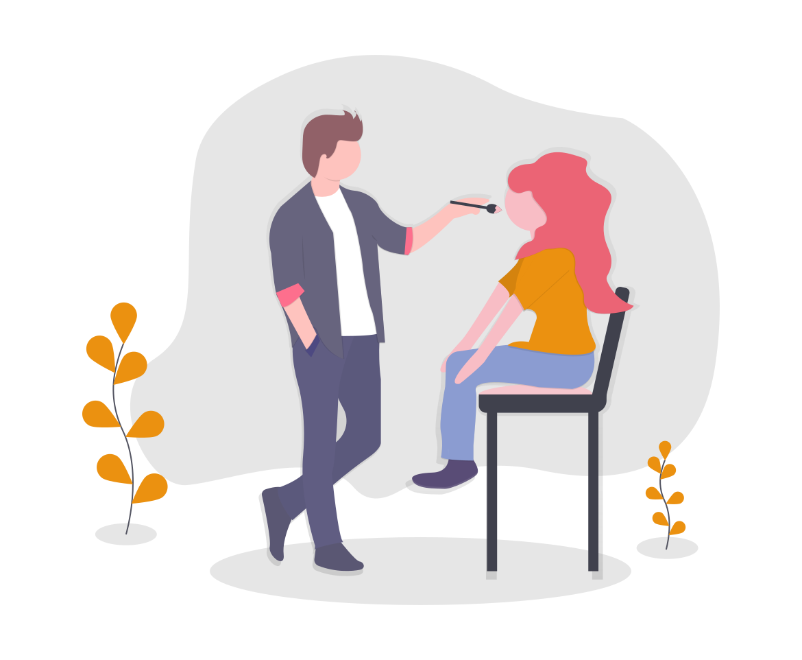 Illustration Makeup artist applying makeup to a seated customer outdoors
