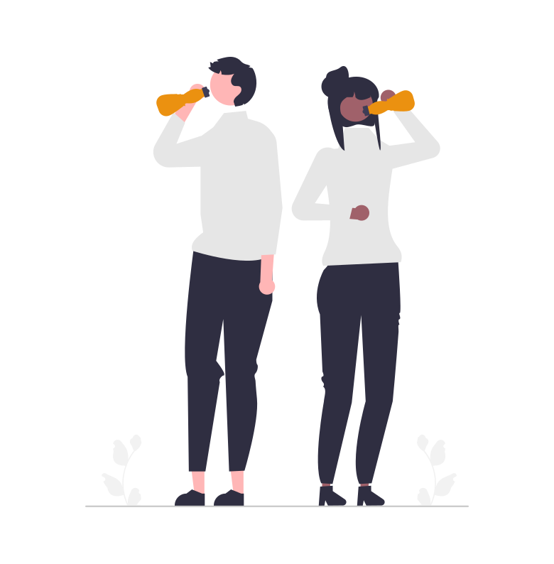 Illustration Two people are looking through orange binoculars side by side with plants next to them
