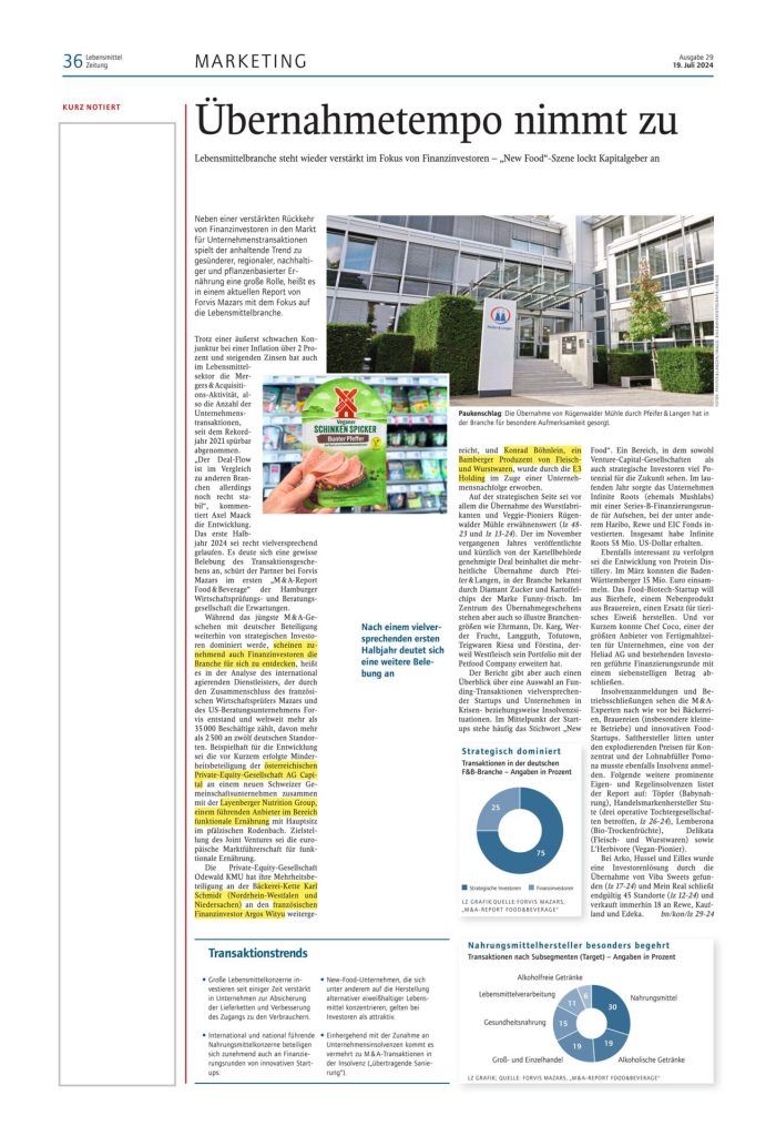 Newspaper page from Lebensmittel Zeitung with the headline Acquisition pace is picking up and a collage of a building photo product images and charts