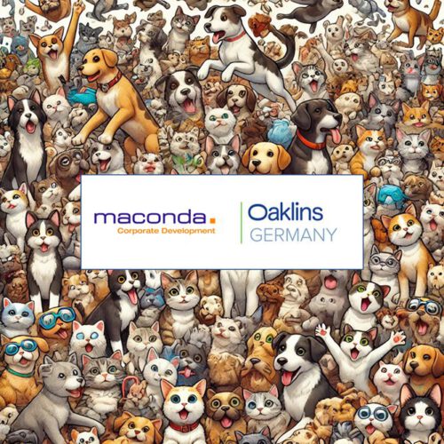 Pet food stock image-e1739441149151 - maconda Collage of dogs and cats around a white banner with the logos of maconda Corporate Development and Oaklins Germany