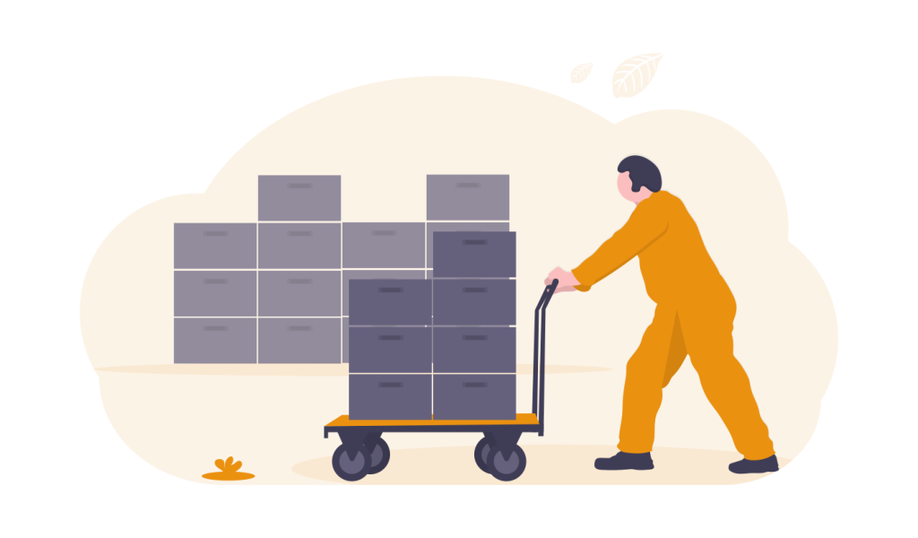 Pharma-logistics-1 - maconda Illustration Person in orange overalls pushes a hand truck with stacked gray boxes