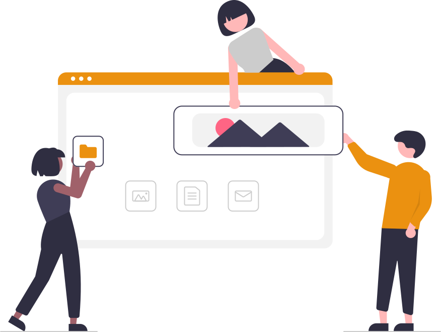 Illustration: three people building a website together, representing business planning
