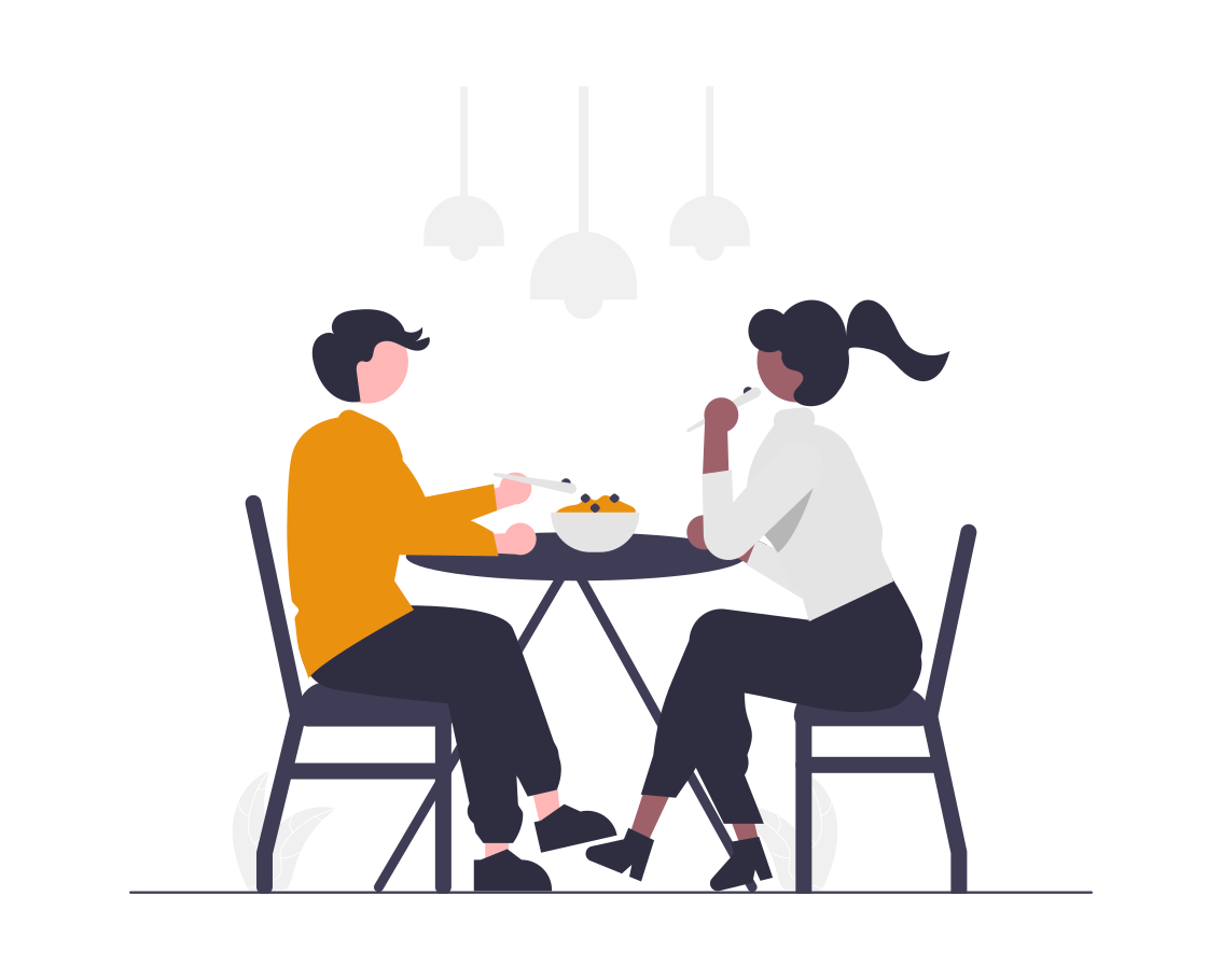 Seating Furniture - maconda Illustration Two people share a bowl at a round table and eat with chopsticks with pendant lamps above
