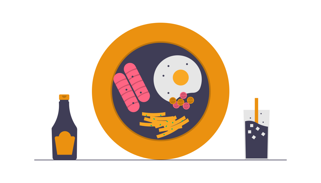 Frozen products - Food retail - maconda Illustration Plate with fries sausages and a fried egg a bottle on the left a glass with a straw on the right