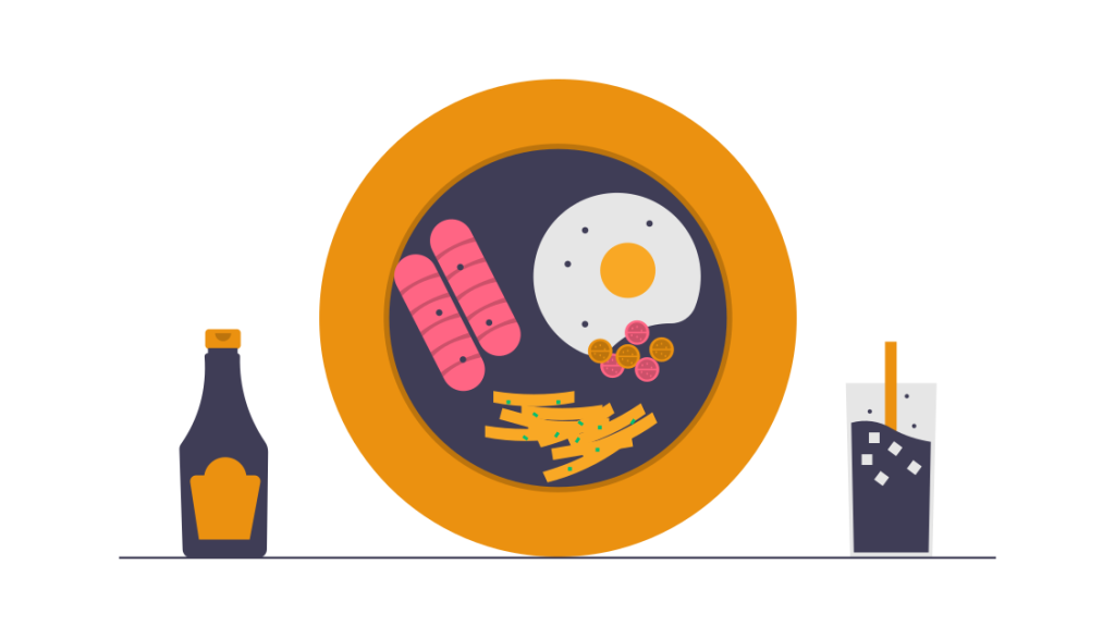 Illustration: Plate with fast food (egg, sausage, fries), a bottle on the left, a glass with a straw on the right.