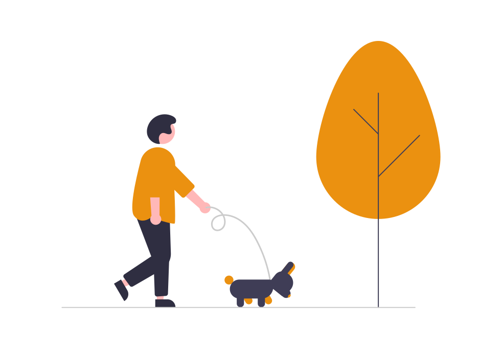pet-supplies-alternative-2 - maconda Illustration Person in orange shirt leads a small dark dog on a leash next to a stylized orange tree