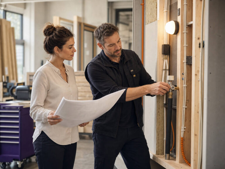 construction-industry-products-services - maconda Two experts in a workshop examine a large construction plan and inspect a pipe with a valve on a wooden wall