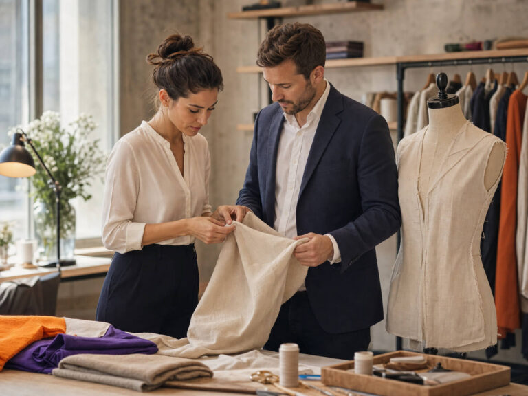 apparel-textiles - maconda Two fashion designers examining a beige fabric together in a sewing studio with a dress form beside them