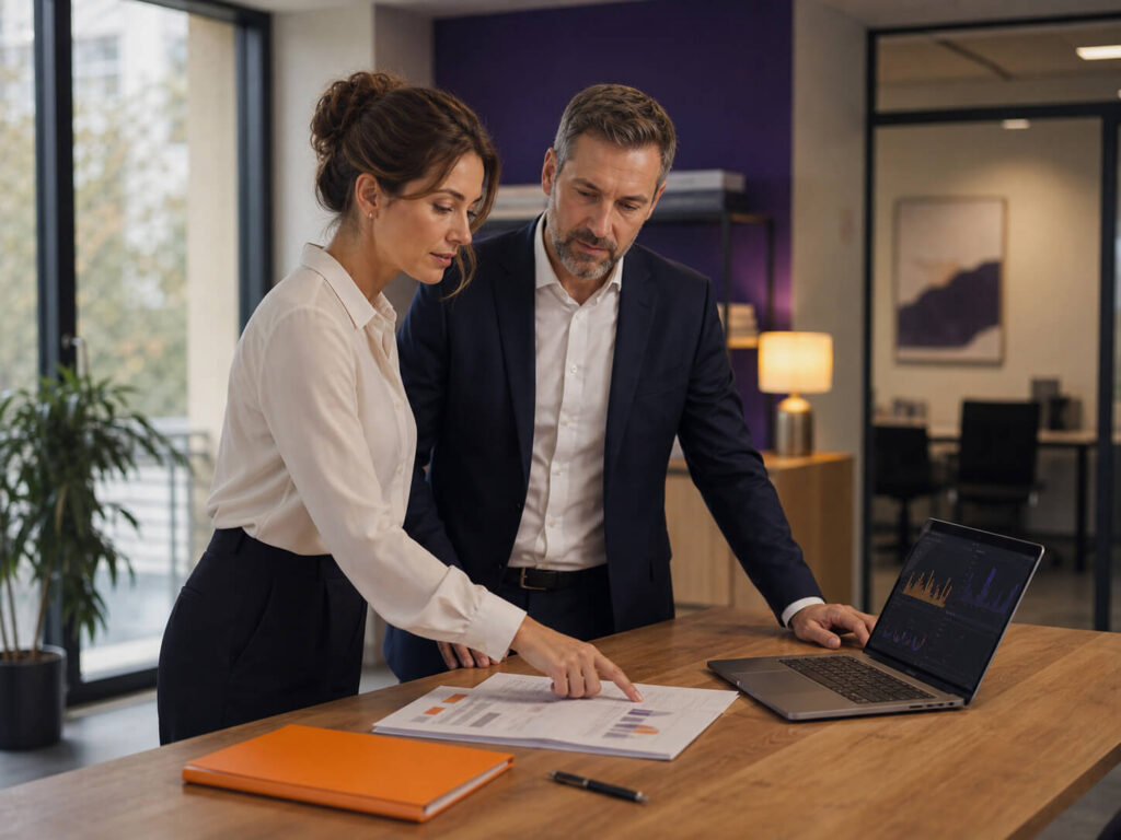 commercial-due-diligence - maconda Zwei Fachleute prüfen Dokumente an einem Holztisch daneben ein Laptop mit Grafiken in einem modernen Büro