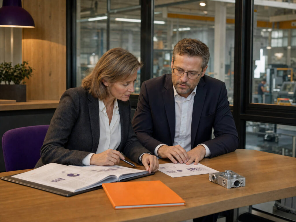 ibr-service-card - maconda Zwei Geschäftsleute prüfen Unterlagen an einem Konferenztisch aus Holz in einem modernen Büro
