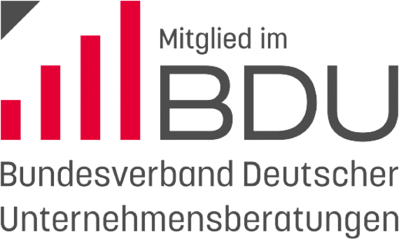 Logo Member of the BDU  Bundesverband Deutscher Unternehmensberatungen with red bar chart symbol