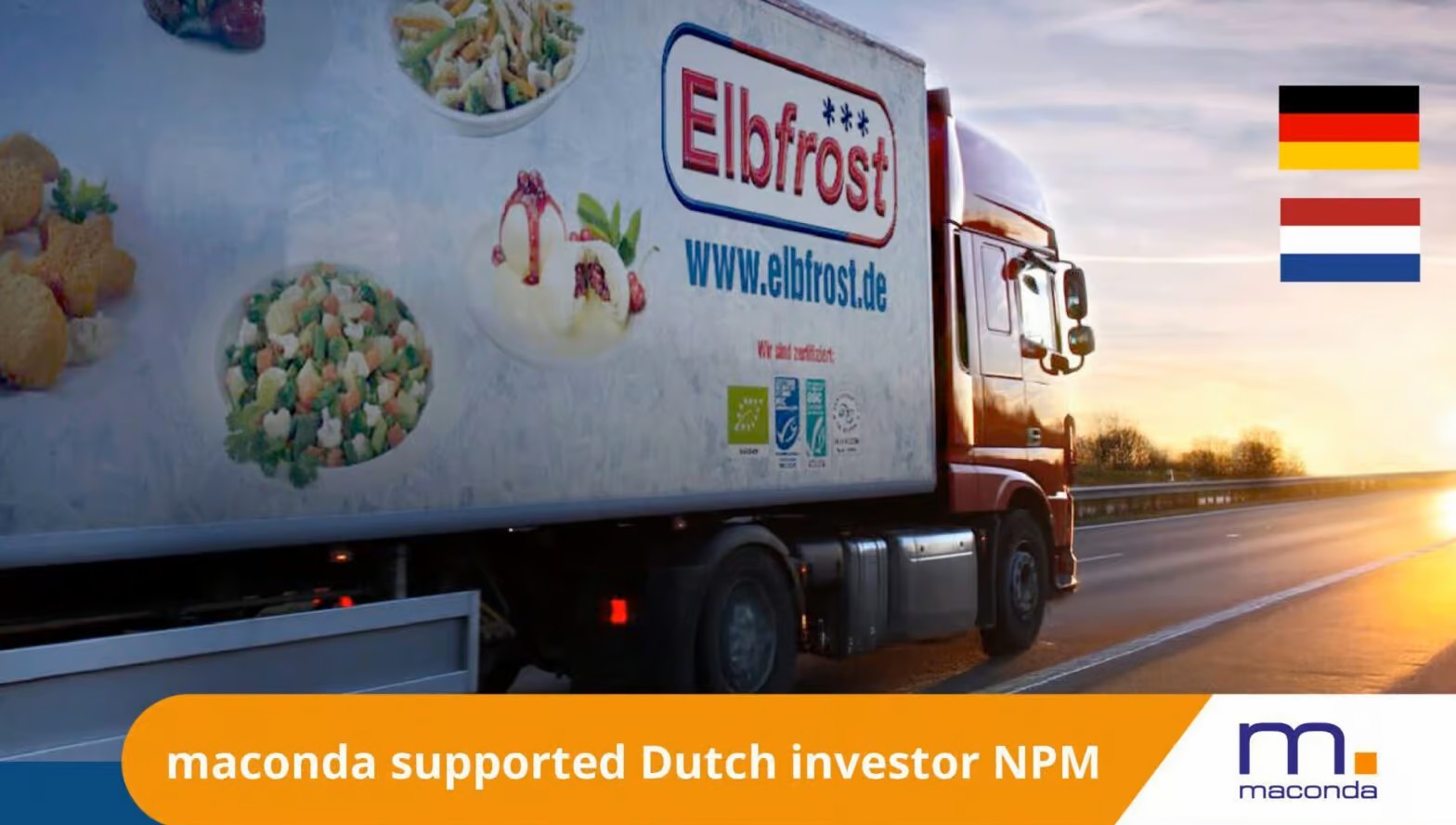 maconda supported Dutch investor NPM – Elbfrost lorry on the motorway, German and Dutch flags