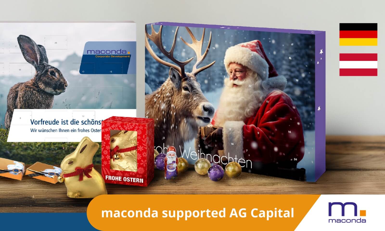 maconda News Deal Banner - AG Capital x CDLux 250117 - maconda Christmas themed image with Santa Claus reindeer gifts and advent calendars company banner in the foreground
