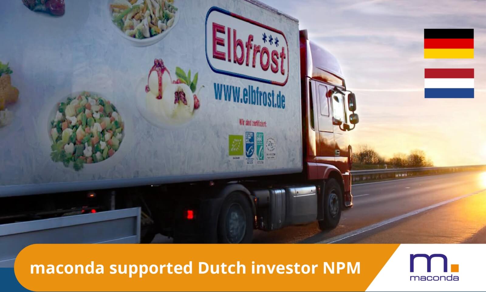 Truck with Elbfrost advertisement on the highway at sunset orange banner maconda supported Dutch investor NPM