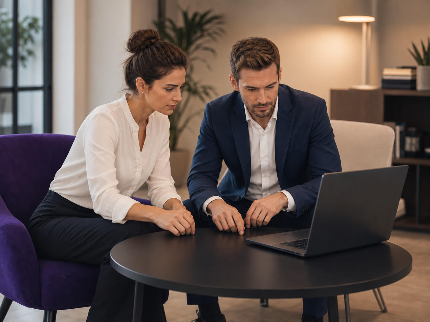 Zwei Kollegen beugen sich in einem modernen Büro über einen Laptop auf einem runden schwarzen Tisch