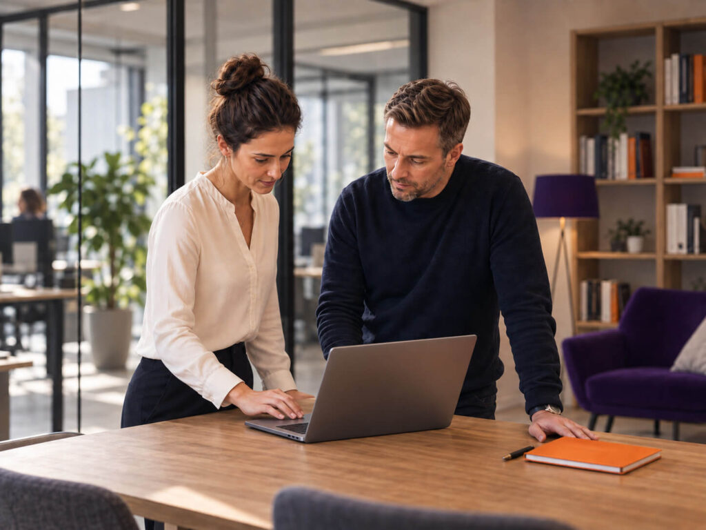 maconda-geschaeftsmodell-entwicklung - maconda Zwei Kollegen stehen an einem Holztisch und schauen in einem hellen modernen Büro auf einen Laptop