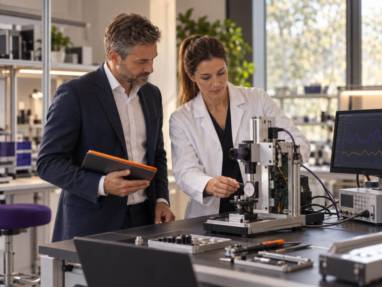 maconda-healthcare-medtech - maconda Two scientists in a laboratory examine a precision instrument at a workbench one holds a tablet next to a screen showing diagrams