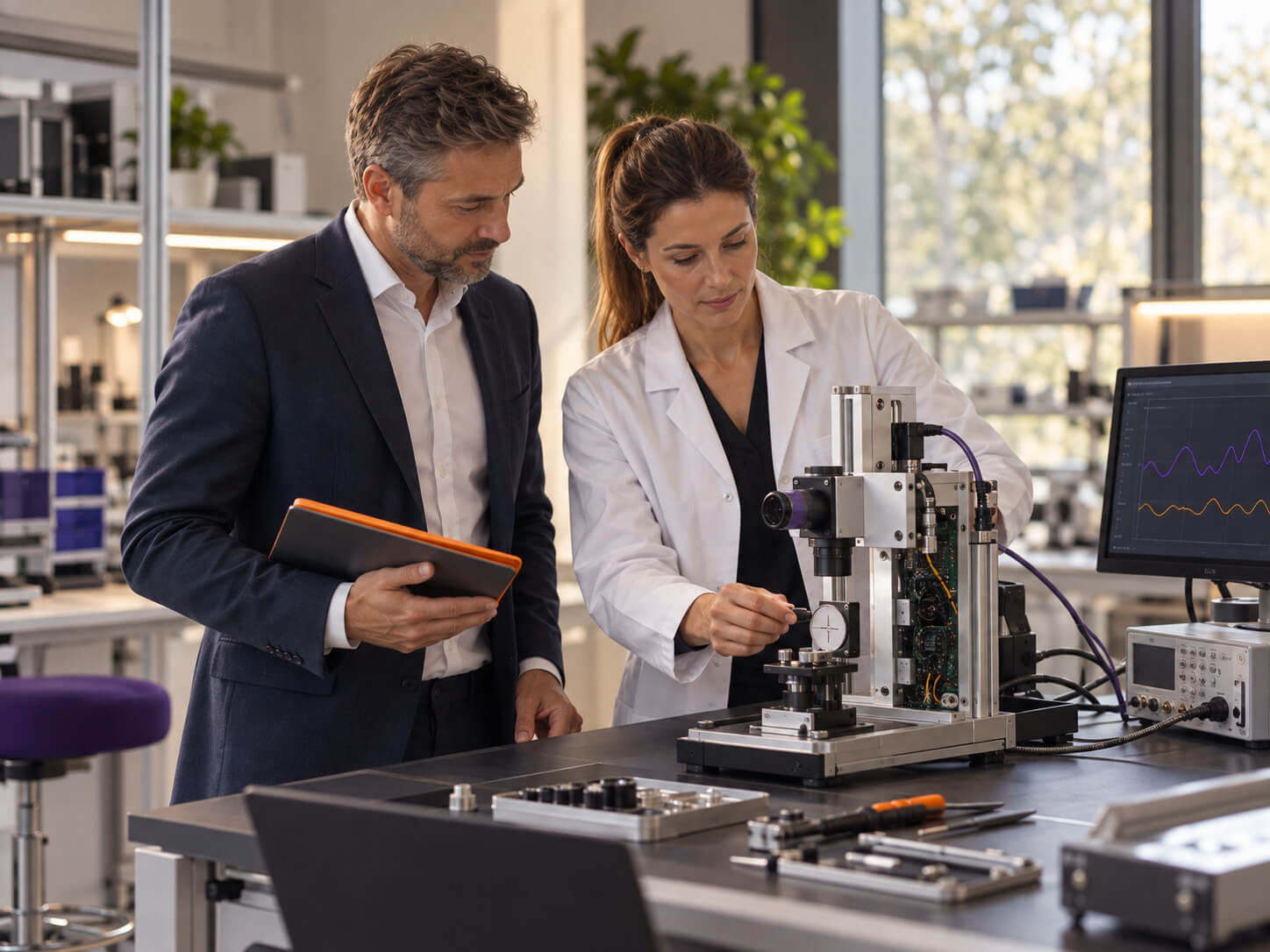 maconda-healthcare-medtech - maconda Two scientists in a laboratory examine a precision instrument at a workbench one holds a tablet next to a screen showing diagrams