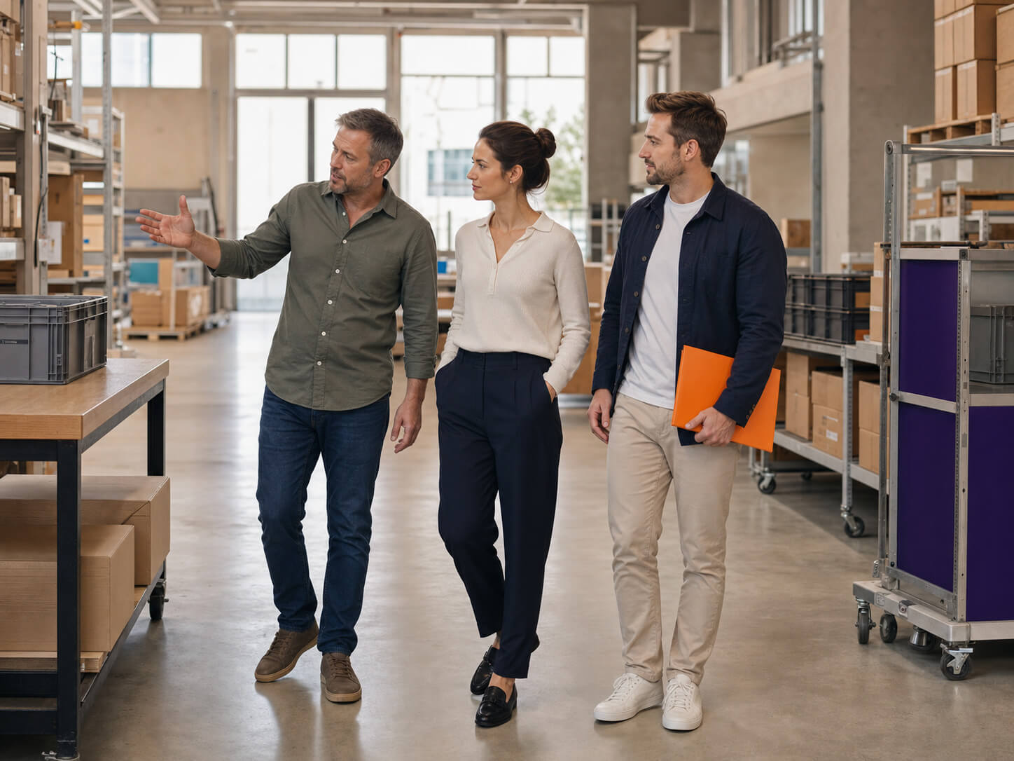 maconda-go-to-market-begleitung - maconda Drei Kollegen gehen durch einen Lagergang ein Mann gestikuliert die anderen hören zwischen Regalen mit Kartons zu