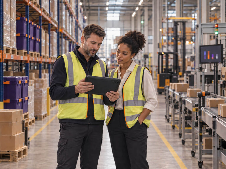 maconda-retail-ecommerce - maconda Two warehouse workers in yellow high visibility vests look at a tablet together between tall shelves and pallets of boxes