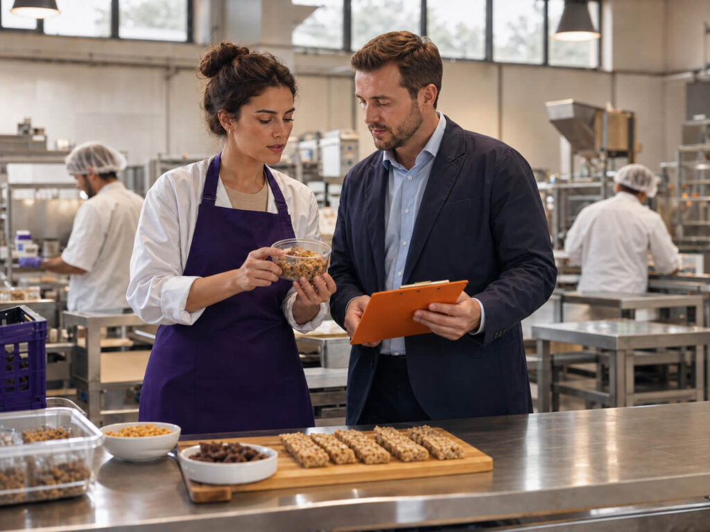 maconda-food - maconda Two professionals examine snack samples in a food production facility on a stainless steel counter with muesli bars laid out