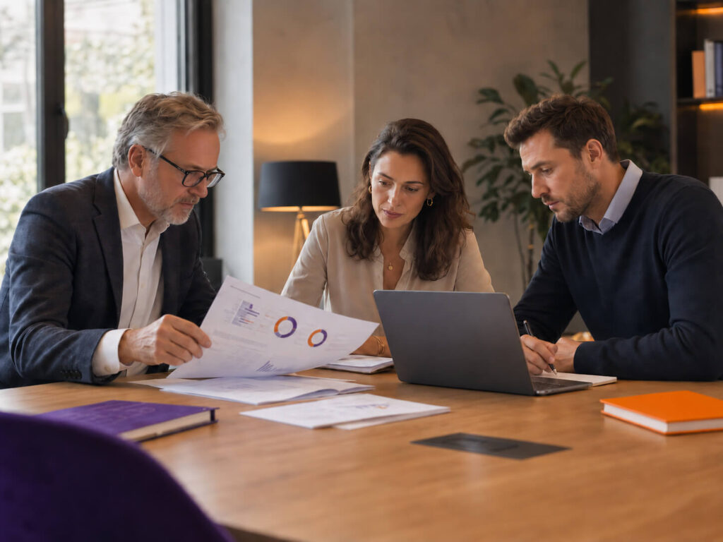 maconda-ma-transaktionen - maconda Drei Fachleute arbeiten an einem Holztisch zusammen und prüfen Diagramme und Dokumente daneben ein Laptop