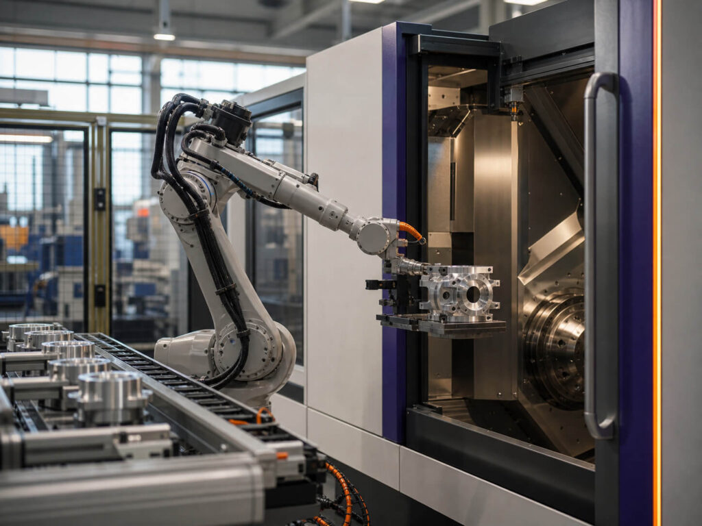 Industrial robot handling a metal component inside the enclosure of a precision milling machine