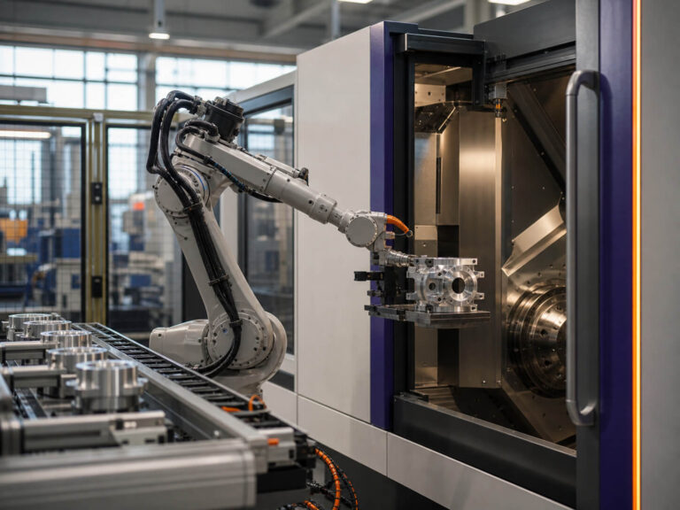 maconda-mechanical-engineering-technical-products - maconda Industrial robot handling a metal component inside the enclosure of a precision milling machine