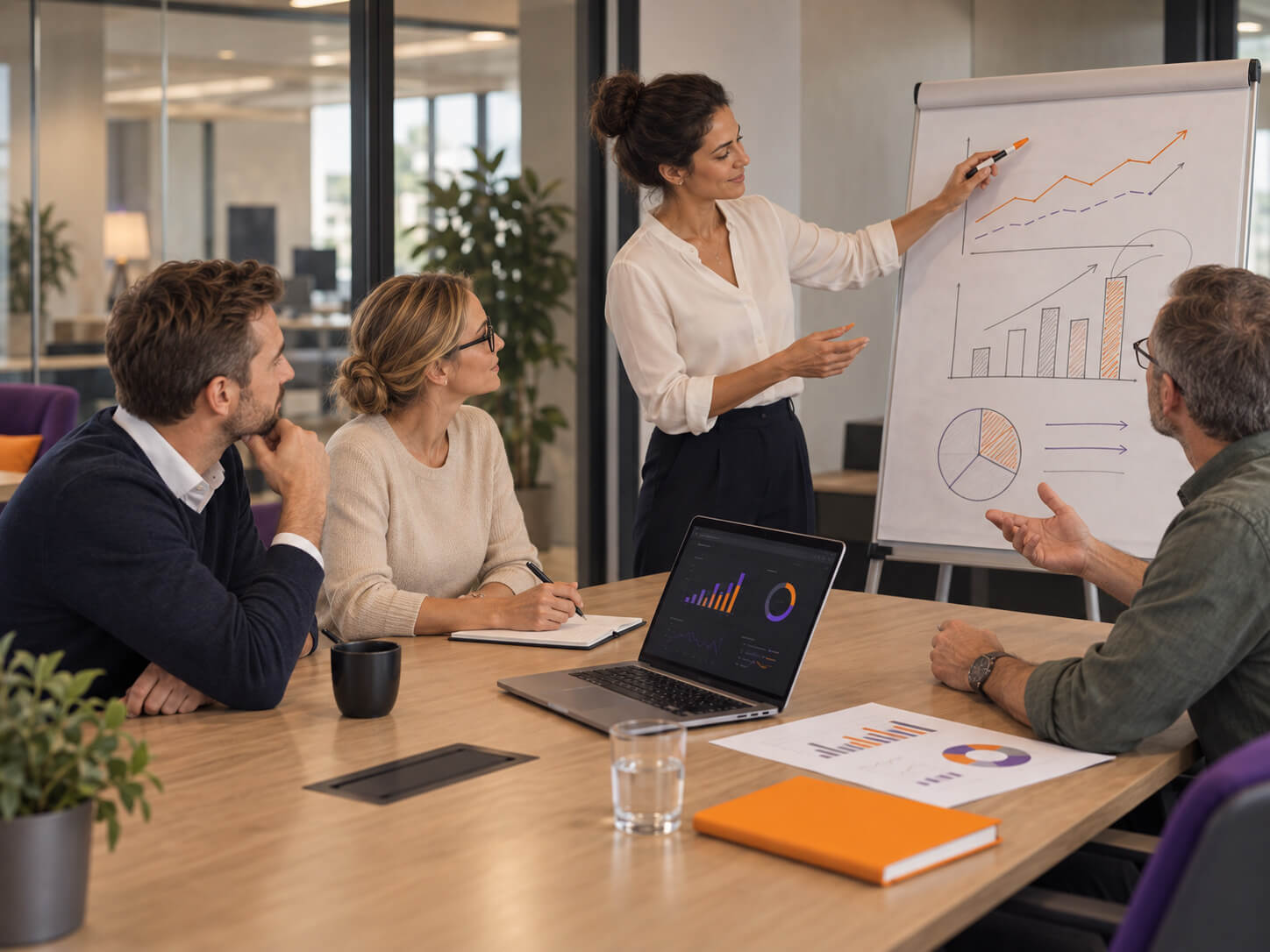 maconda-performance-verbesserung - maconda Frau präsentiert Kollegen in einem modernen Besprechungsraum Daten und Diagramme auf einem Flipchart