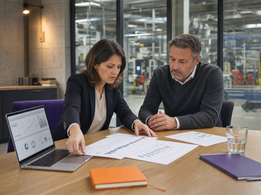 maconda-sanierungsgutachten-v2 - maconda Zwei Fachleute prüfen Diagramme an einem Konferenztisch aus Holz mit geöffnetem Laptop in einem modernen Büro im Industriestil