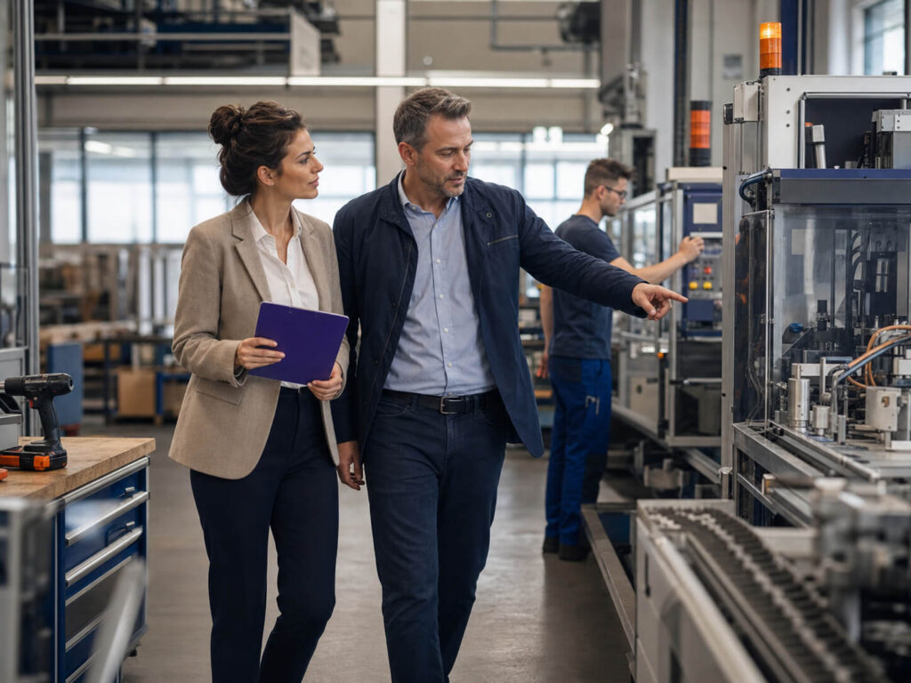 maconda-sanierungsplanung-umsetzungsbegleitung - maconda Zwei Fachleute prüfen in einer Fabrik eine automatisierte Produktionslinie der Mann zeigt auf die Maschine die Frau hält ein violettes Klemmbrett