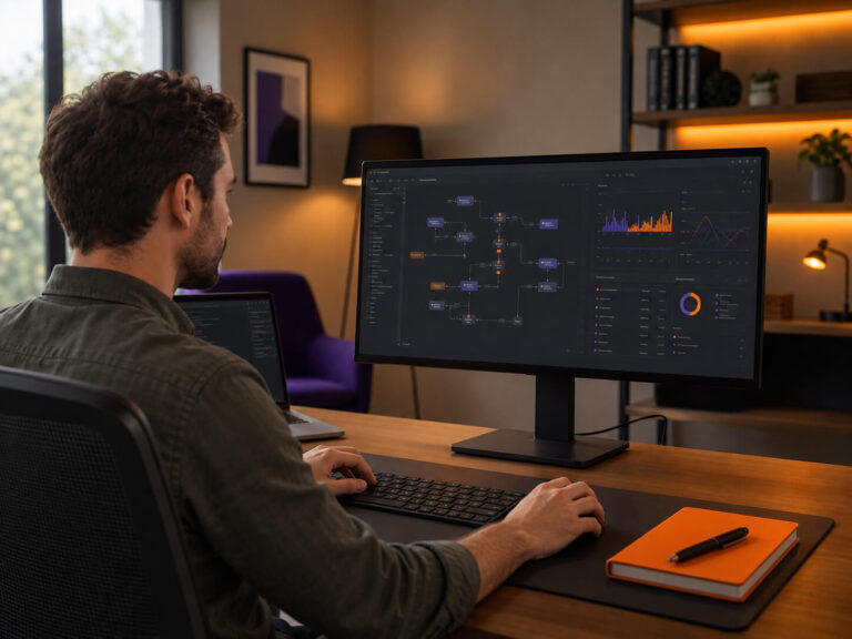 maconda-software - maconda Man at desk working on a large monitor with a business analytics dashboard full of charts in a darkened home office