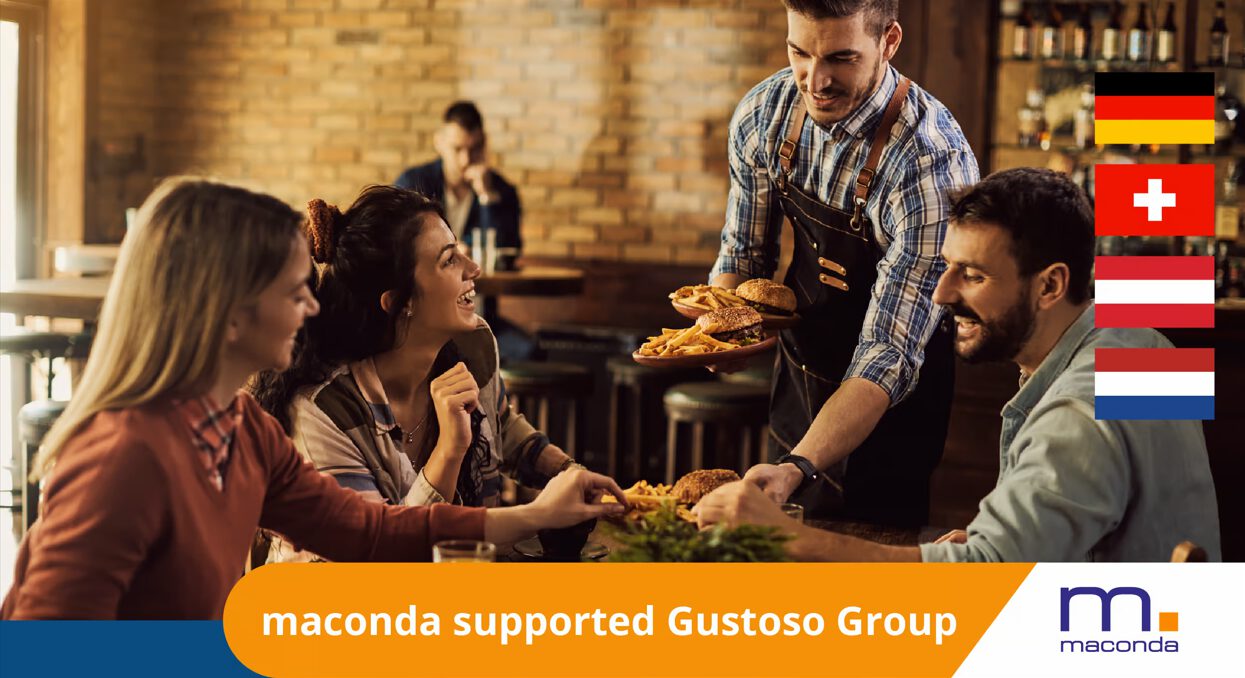 maconda supported Gustoso Group – waiter serving burgers to guests, flags of Germany, Switzerland, Austria and the Netherlands