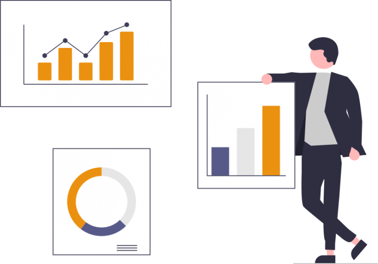 undraw_All_the_data_re_hh4w-e1626879912337 - maconda Illustration Person leaning against a framed bar and line chart next to a pie chart and another bar chart
