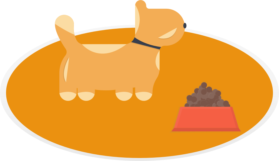 undraw_Cautious_dog_q83f-1 - maconda Illustration Light brown dog with a black collar lying on an orange rug next to a red bowl of dry food