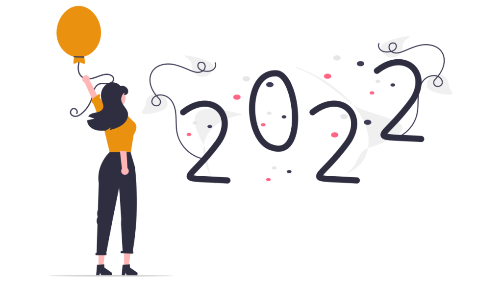 undraw_New_year_2022_bxec - maconda Illustration Woman in orange top holding an orange balloon with large numbers 2022 and confetti behind her