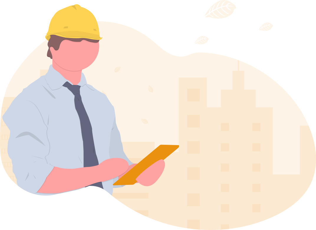 undraw_QA_engineers_dg5p - maconda Illustration Construction worker wearing a yellow helmet and light blue shirt checks a tablet against an orange background