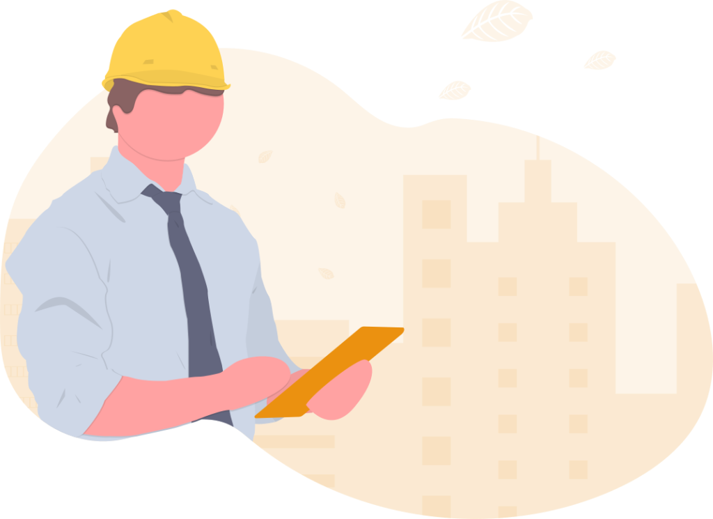 undraw_QA_engineers_dg5p - maconda Illustration Construction worker with a yellow helmet and tie holding a tablet in front of an orange background
