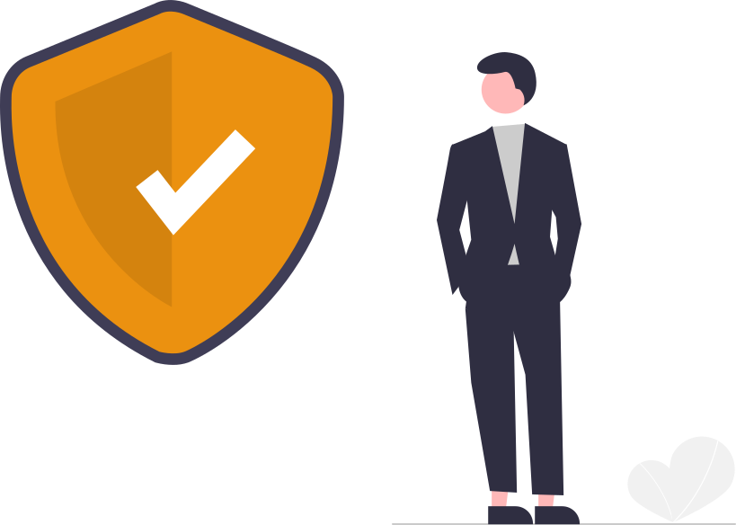 undraw_Security_on_re_e491 - maconda Illustration Orange shield with a white checkmark next to a person in a dark suit symbol for security