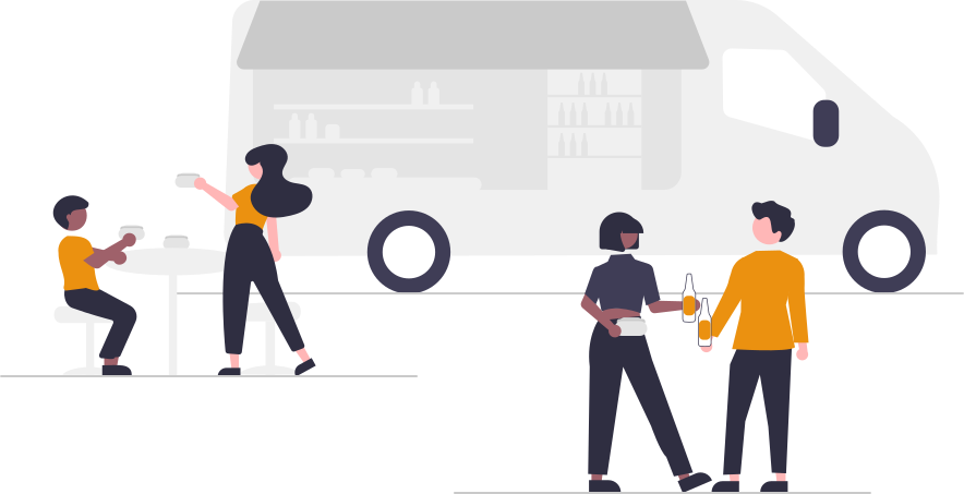 Illustration Food truck serving guests a vendor hands food to a table two people talk while holding bottles