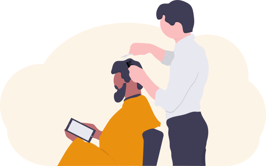 Illustration: Barber cutting a customer's hair with clippers against an orange background.