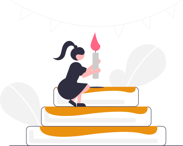 undraw_birthday_girl_n46w - maconda Illustration Girl in a dark dress climbs a stack of oversized books holding a lit candle with bunting above