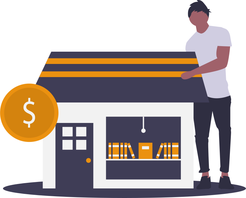 undraw_business_shop_qw5t - maconda Illustration Person next to a house shaped shop with a large coin symbol of real estate financing