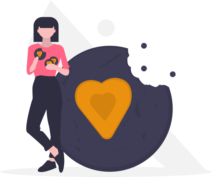 undraw_cookie_love_ulvn - maconda Illustration Woman in pink sweater holding two heart symbols next to a dark blue circle with an orange heart